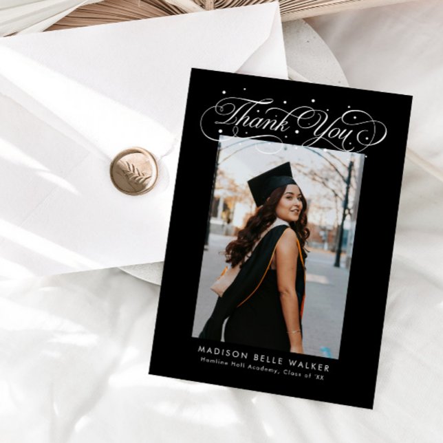 Elegant Script Graduation Photo Black Thank You Card (Creator Uploaded)