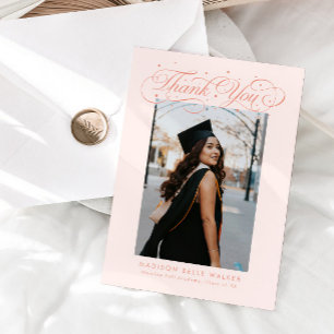 Elegant Script Graduation Photo Peach Thank You Card