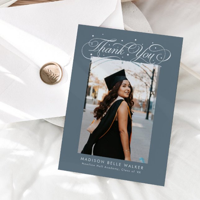 Elegant Script Graduation Photo Slate Blue Thank You Card (Creator Uploaded)