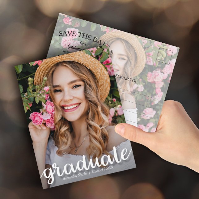 Elegant Script Graduation SAVE THE DATE Postcard (Photo graduation Save the Date postcards feature your details on the back)