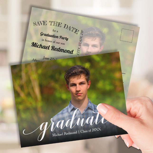 Elegant Script Graduation SAVE THE DATE Postcard (Photo graduation Save the Date postcards feature your details on the back)