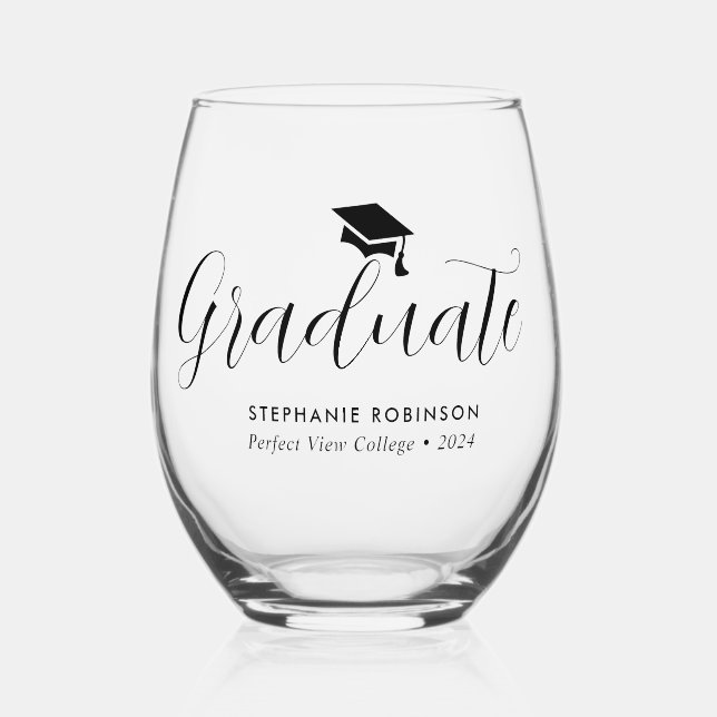 Elegant Script Graduation Stemless Wine Glass (Front)
