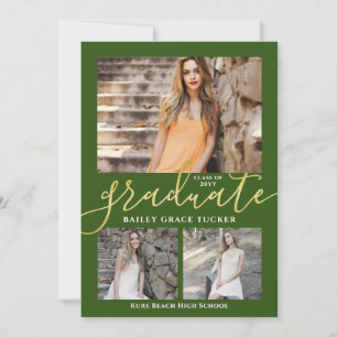 Elegant Script Green 3-Photo Collage Graduation Announcement