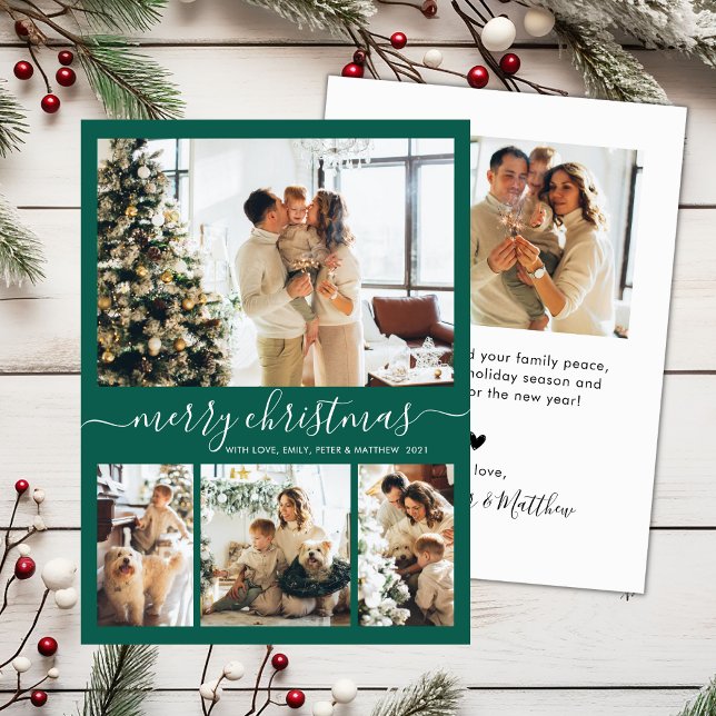 Elegant Script Green 4 Photo Collage Christmas Holiday Card (Creator Uploaded)