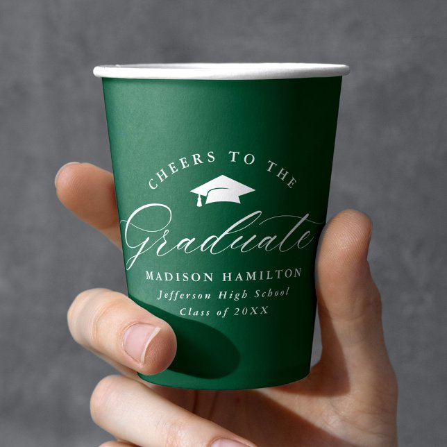 Elegant Script Green Cheers to the Graduate Paper Cups (Creator Uploaded)