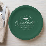 Elegant Script Green Cheers to the Graduate Paper Plate<br><div class="desc">Elegant graduation paper plates featuring a graduation cap with the phrase "Cheers to the Graduate" in a white calligraphy script on a green background. Personalise the modern graduation paper plates with the graduate's name, school name, and graduation year. The simple graduation plates are perfect to use for your high school...</div>