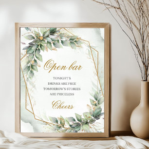 Elegant script green eucalyptus gold Open bar sign