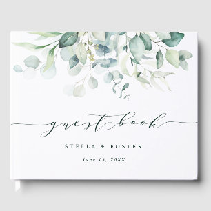 Elegant Script Green Foliage Wedding Guest Book