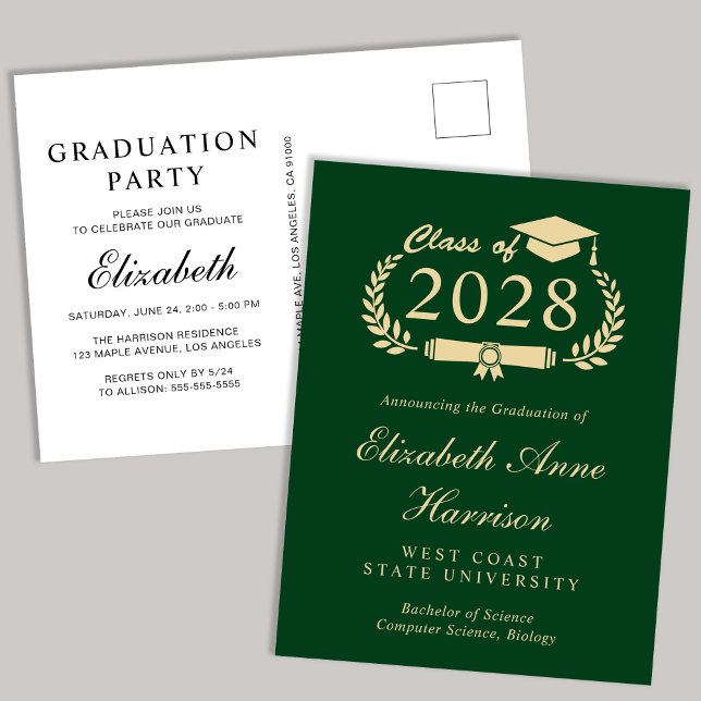 Elegant Script Green Gold College Graduation Party Invitation Postcard (Creator Uploaded)