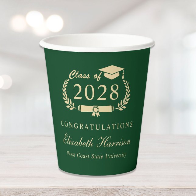 Elegant Script Green Gold Graduation Party Paper Cups (Creator Uploaded)