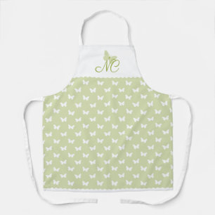 Elegant Script Green Monogram Butterfly Pattern Apron