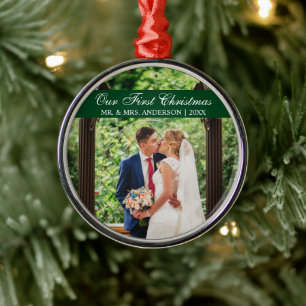 Elegant Script Green Our First Christmas Metal Tree Decoration