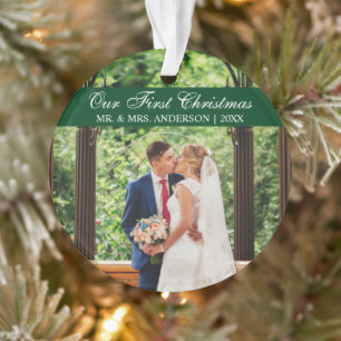 Elegant Script Green Our First Christmas Ornament