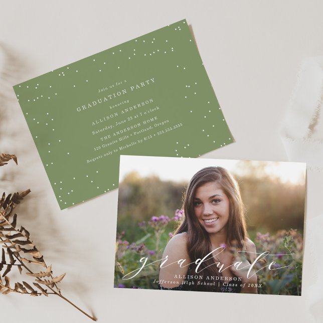Elegant Script Green Photo Graduation Party Invitation (Creator Uploaded)