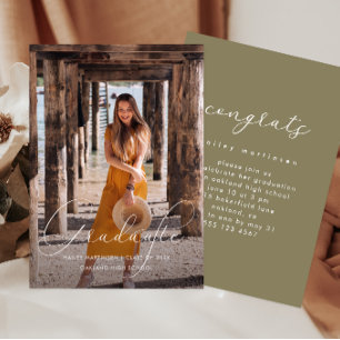 Elegant Script Green Photo Graduation Party Invitation