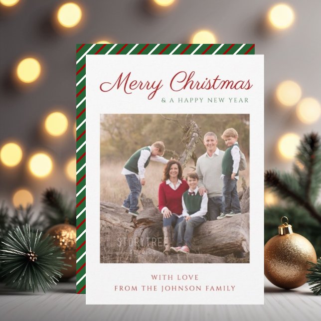 Elegant Script Green Stripes Christmas Photo Holiday Card (Elegant Script Green Stripes Christmas Photo Holiday Card)