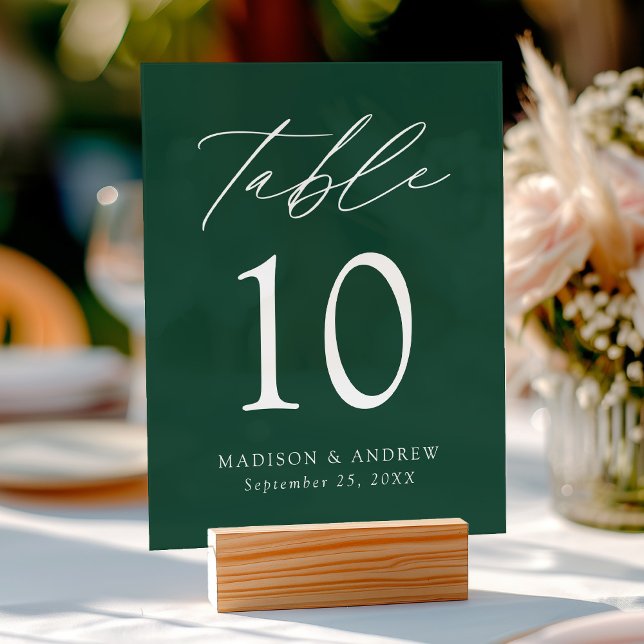 Elegant Script Green Wedding Table Number Acrylic Sign (Please note: The wooden stand does not come with the sign. Zazzle sells a wood block stand.)