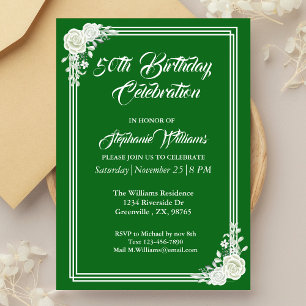 Elegant Script Green White Rose 50th Birthday  Invitation