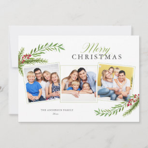 Elegant Script Greenery 3 Photos Merry Christmas Holiday Card