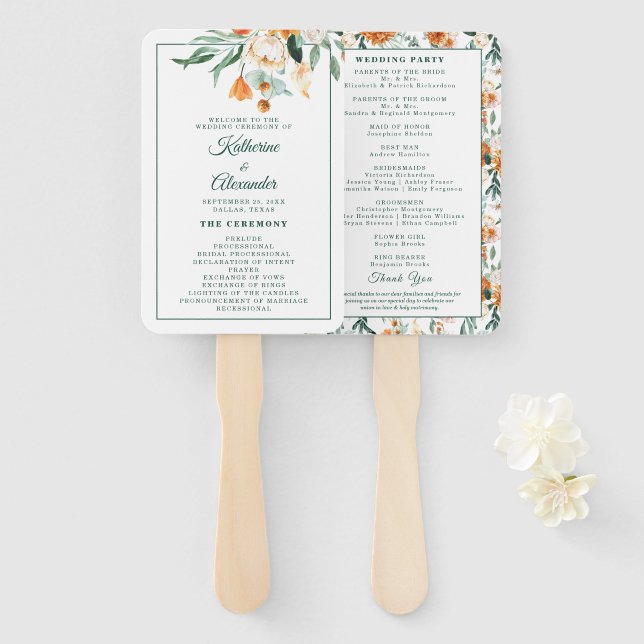 Elegant Script Greenery Floral Wedding Ceremony  Hand Fan (Front and Back)