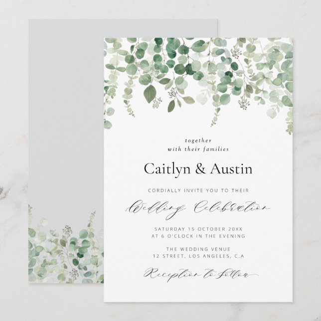 elegant script greenery floral wedding invitation (Front/Back)