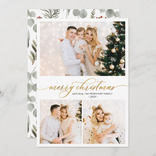 Elegant Script Greenery Foliage 3 Photo Christmas  Holiday Card