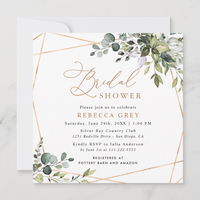 Elegant Script Greenery Gold Bridal Shower Invitation (Front)