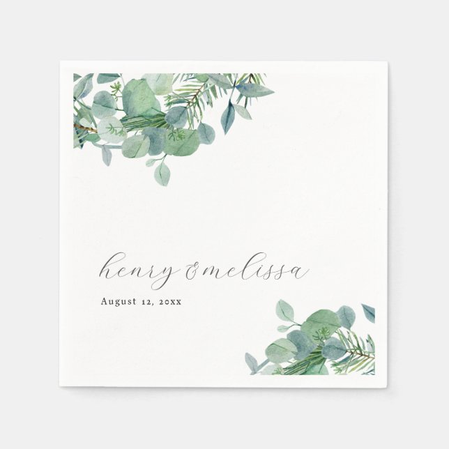Elegant Script Greenery Leaves Eucalyptus Wedding Napkin (Front)