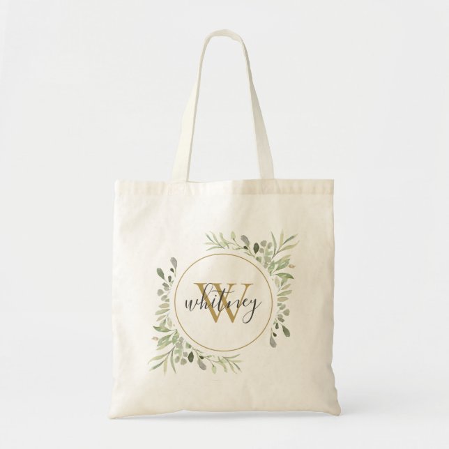 Elegant Script Greenery Monogram Tote Bag (Front)