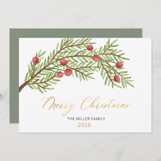 Elegant Script Greenery Red Berries Christmas  Holiday Card (Front/Back)