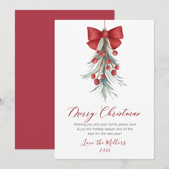 Elegant Script Greenery Red Berries Christmas  Holiday Card (Front/Back)