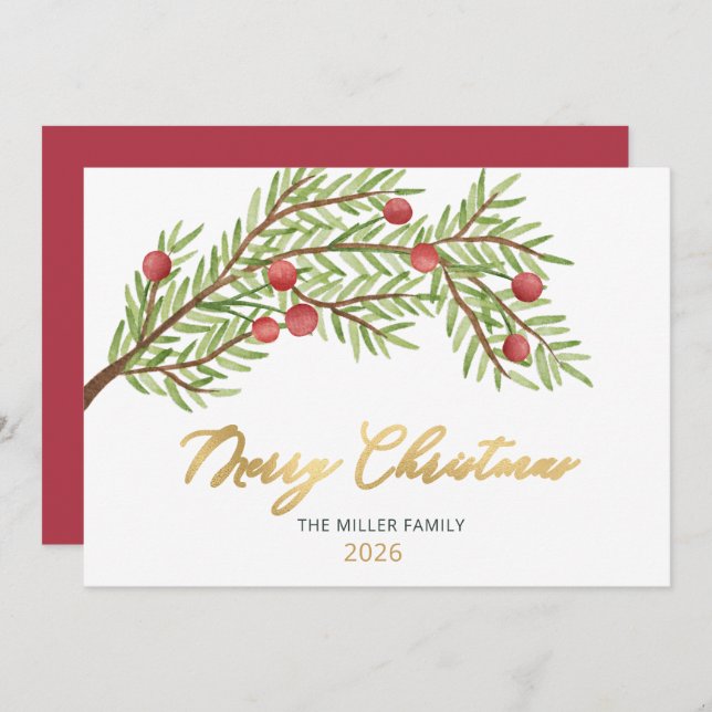 Elegant Script Greenery Red Berries Christmas  Holiday Card (Front/Back)