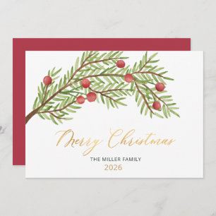 Elegant Script Greenery Red Berries Christmas  Holiday Card