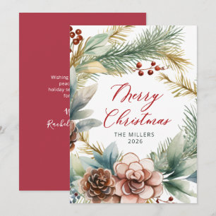 Elegant Script Greenery Wreath Christmas  Holiday Card