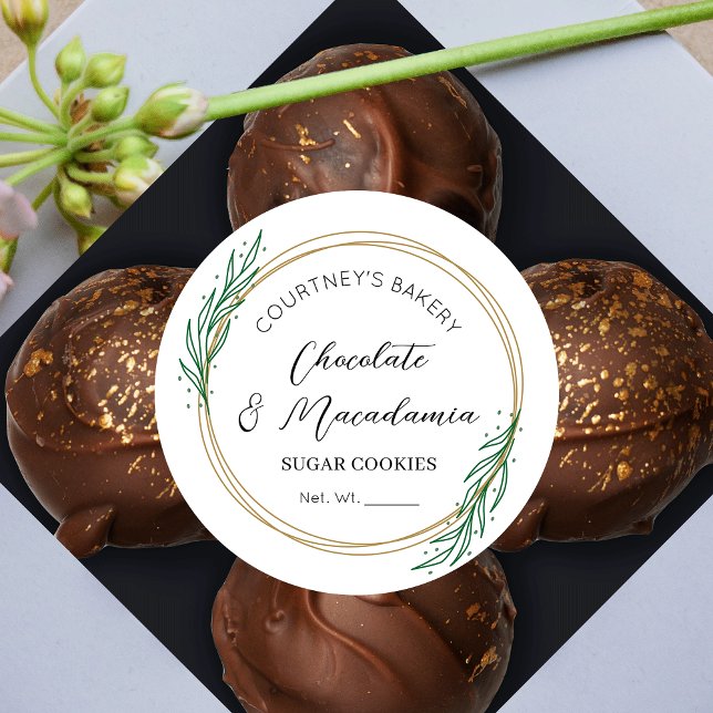 Elegant Script Greenery Wreath Sugar Cookies Food Classic Round Sticker (Bakery Labels Featuring Faux Gold Wreath with Greenery, stylish fonts and white background)