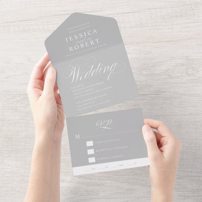 Elegant Script Grey and White Calligraphy Wedding All In One Invitation (Tearaway)
