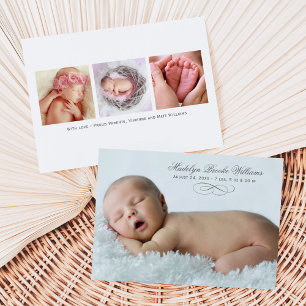 Elegant Script Grey Baby Multi Photo Birth Announcement