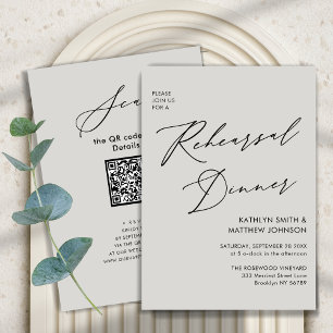 Elegant Script Grey Chic Rehearsal Dinner QR code Invitation