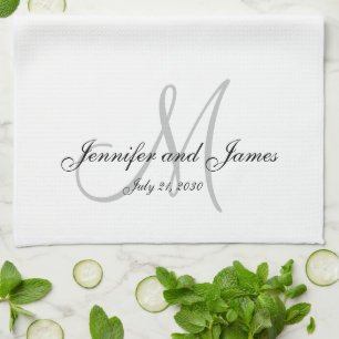 Elegant Script Grey Monogram Newlywed Wedding Tea Towel