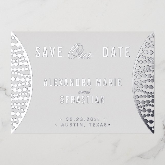 Elegant Script Grey Pearls Save the Date Silver (Front)