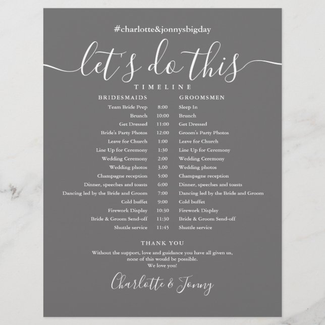 Elegant Script Grey Wedding Schedule Timeline (Front)