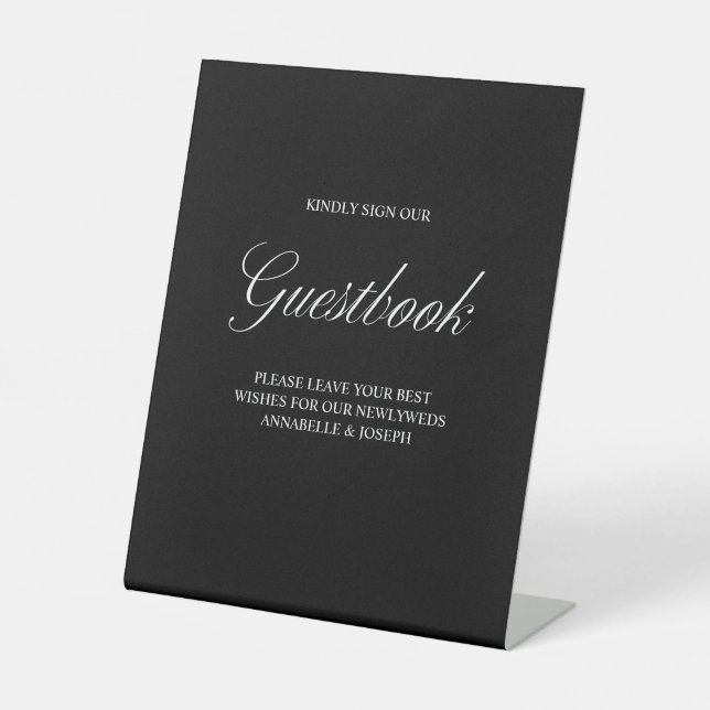 Elegant Script Guestbook Formal Black Wedding Pedestal Sign (Front)