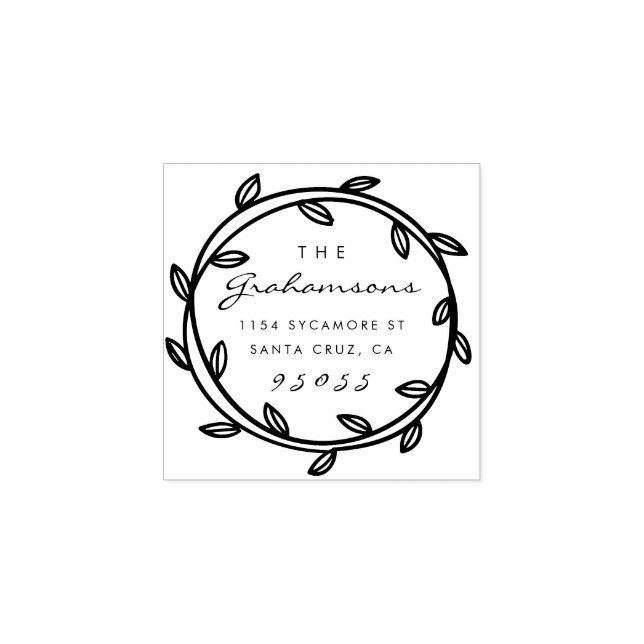 Elegant Script & Hand-drawn Wreath Return Address Rubber Stamp (Imprint)