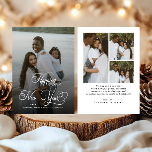 Elegant Script Happiest New Year 4 Photo Overlay Holiday Card