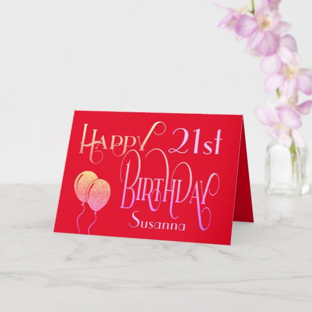 Elegant Script Happy 21st Name Red Birthday Card (Orchid)