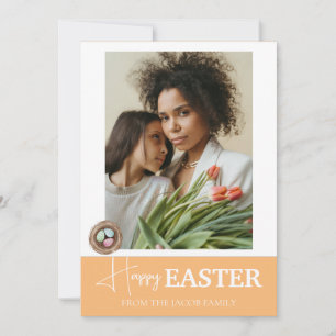 Elegant Script Happy Easter family one photo Holiday Card