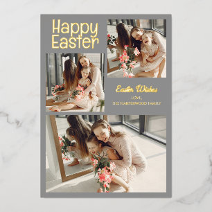 Elegant Script Happy Easter Family Photo Collage Foil Holiday Card