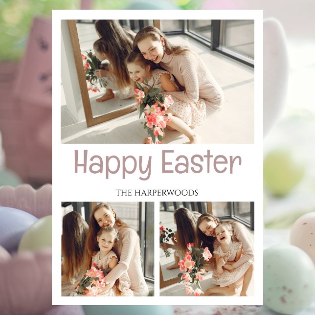 Elegant Script Happy Easter Family Photo Collage Holiday Card (Creator Uploaded)