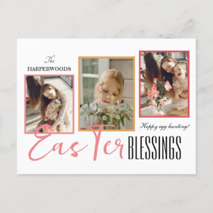 Elegant Script Happy Easter Family Three Photo Holiday Postcard
