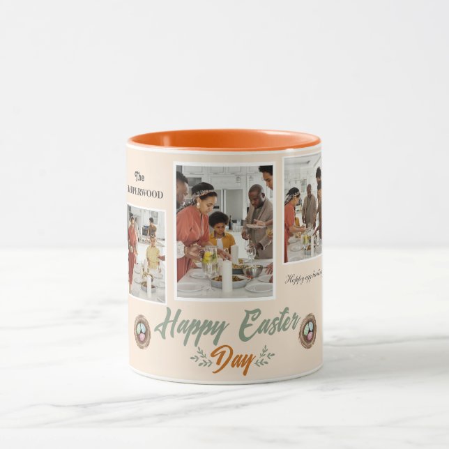 Elegant Script Happy Easter Family Three Photo Mug (Center)